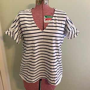 J. Crew blue and cream striped ruffle sleeve tee